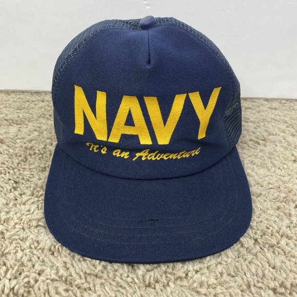 Vintage Navy “It’s an Adventure” Snapback Hat Blue Mesh Trucker Cap Broadway USA - Picture 2 of 10